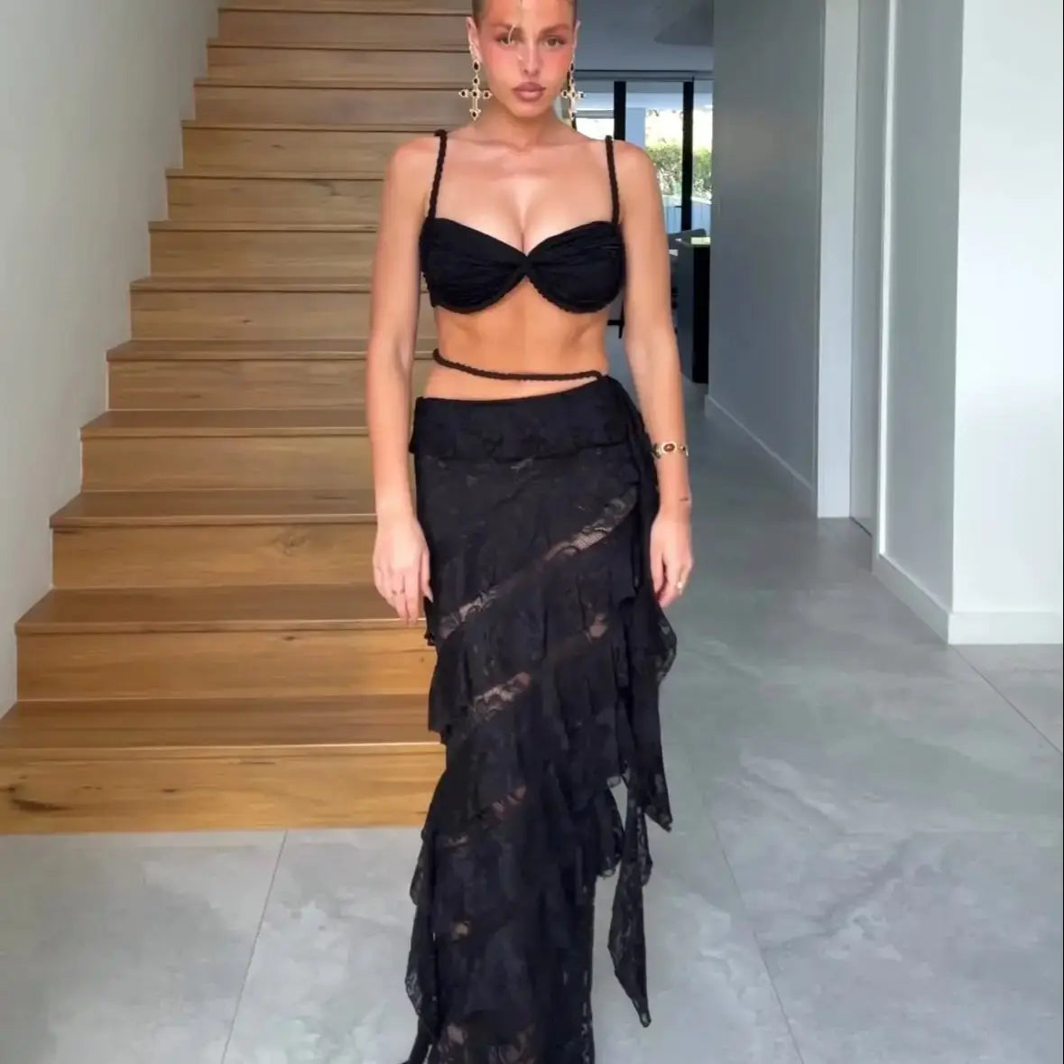 Lace Bikini Swimsuit with Skirt Bandage Swimwear Women Brazilian Bikini 2 Pcs Bathing Suit A Line Skirt Summer Female
